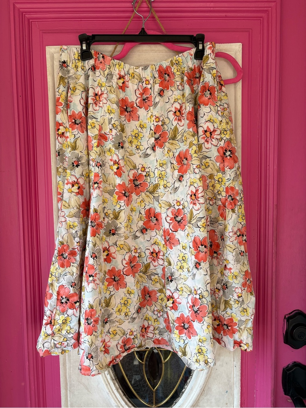 Woman Within Coral and Yellow Floral Maxi Skirt on Cream